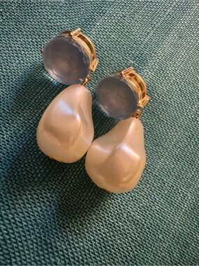 Gold Teardrop Pearl Drop Earrings with Light Blue Stone